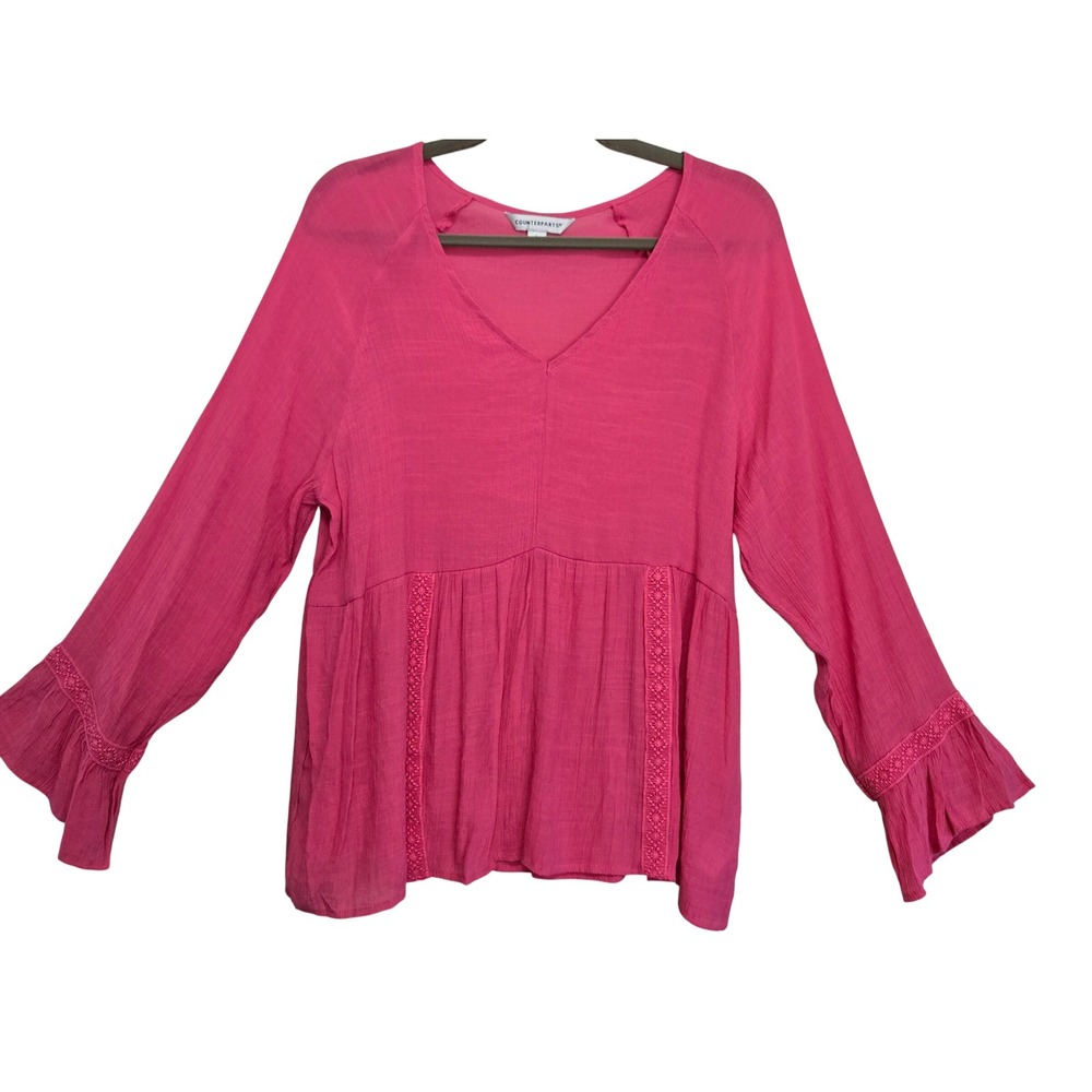 Counterparts Womens L Boho Pink V-Neck Babydoll Blouse Lace Detail Bell Sleeve